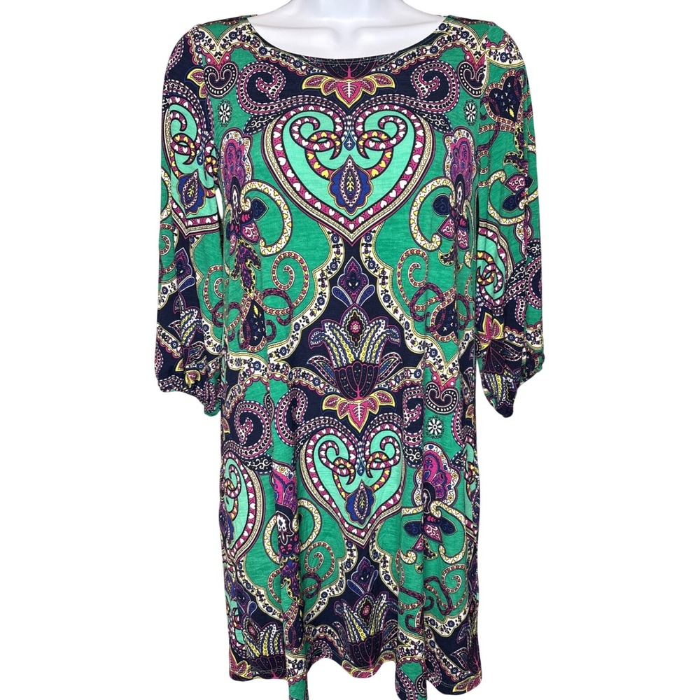 Karlie Womens Green Paisley Shift Mini Dress Sz S Boho Festival Wear 70s Style